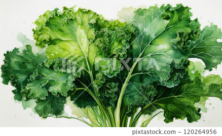 Watercolor of vibrant, fresh green curly kale leaves arranged in a lush cluster, curly edges and deep green hues, health benefits of kale, the intricate details and textures of kale, AI-generated  120264956