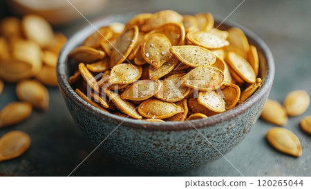 Roasted Pumpkin Seeds in a Bowl, A Healthy Autumn Snack Roasted Pumpkin Seeds in a Bowl, A Healthy Autumn Snack 120265044