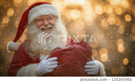 Smiling Santa Claus with a bag of gifts. Christmas magic, holidays, and winter wonderland concept. 120265068