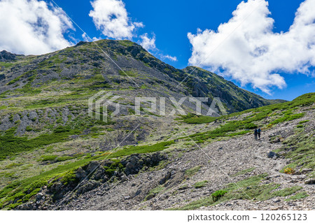 Mt. Ko-Akaishi and Mt. Akaishi seen from the shoulder of Mt. Ko-Akaishi. Southern Alps. Mt. Akaishi climbing. 120265123