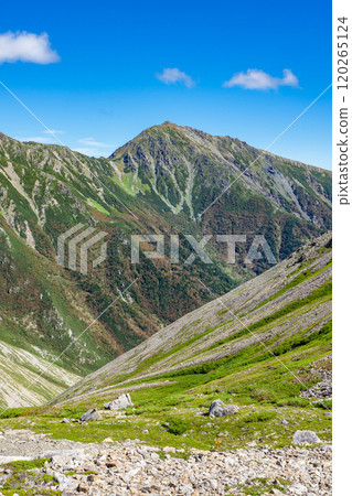 Mt. Akuzawa (Higashidake) seen from the shoulder of Mt. Ko-Akaishi Southern Alps Mt. Akaishi climbing 120265124