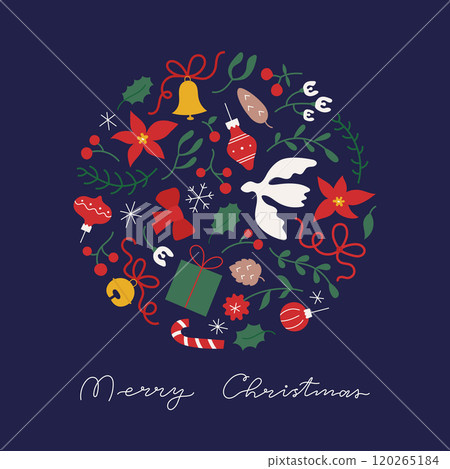Christmas round banner, card template. Cute simple flat Merry Christmas design with holly, dove bird, gift, flower, bell. Christmas round banner, card template. Cute simple flat Merry Christmas design with holly, dove bird, gift, flower, bell. 120265184