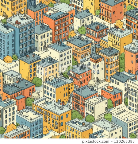 Colorful Cityscape Illustration with Detailed Architecture and Green Spaces 120265393