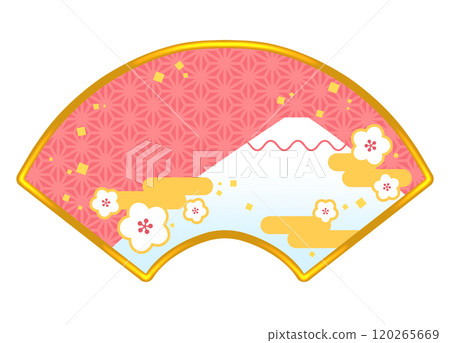 Cute fan-shaped Japanese-style frame illustration of Mt. Fuji and plum blossoms 1 120265669