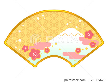 Cute fan-shaped Japanese-style frame illustration of Mt. Fuji and plum blossoms 2 120265670