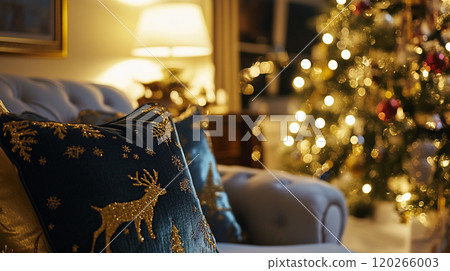 Living room interior with Christmas tree, holiday decorations and fireplace. Holidays concept 120266003