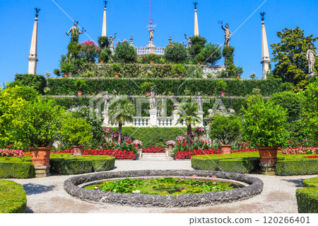 Baroque terraced garden of Borromeo Palace facing Lake Maggiore, Isola Bella (one of the Borromean Islands), Stresa, Italy Baroque terraced garden of Borromeo Palace facing Lake Maggiore, Isola Bella (one of the Borromean Islands), Stresa, Italy 120266401