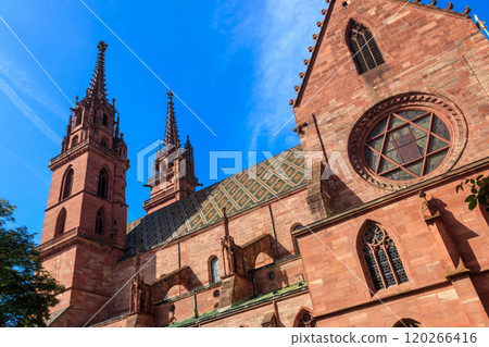 Facade of Basel Minster cathedral in Switzerland Facade of Basel Minster cathedral in Switzerland 120266416