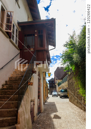 Narrow street in Ligerz town, canton of Bern, Switzerland 120266422