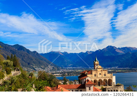View of Madonna del Sasso monastery and lake Maggiore at Locarno, Switzerland View of Madonna del Sasso monastery and lake Maggiore at Locarno, Switzerland 120266431