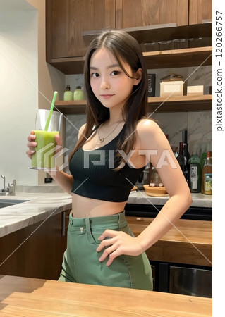 A woman holding green juice A woman holding green juice 120266757