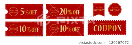 用於生日銷售的紅色和金色優惠券向量圖示集 120267072