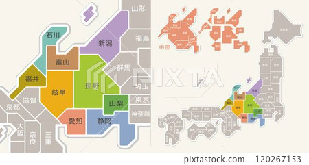 日本中部地區地圖，以縣名進行顏色編碼 120267153