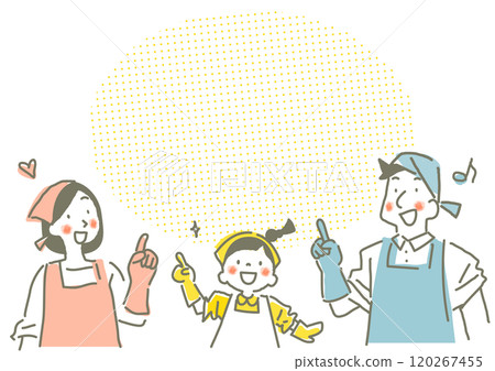 A young family working hard at cleaning. Stylish and cute hand-drawn line drawing illustration 120267455