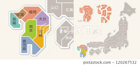 日本九州地區地圖，以縣名進行顏色編碼 120267532