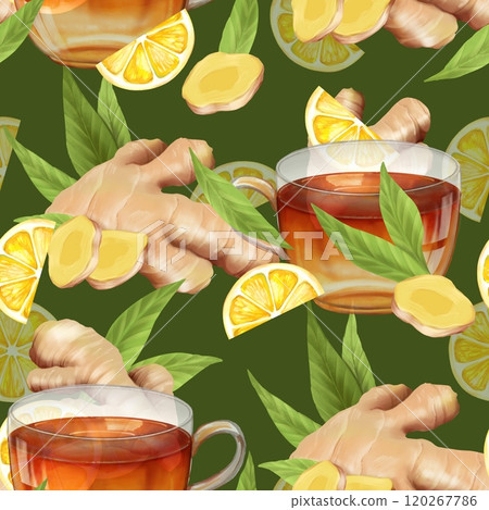 Seamless pattern with ginger, lemon, and tea cup. Hand drawn background 120267786