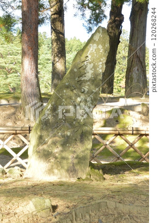 Monument with Basho's haiku: "Summer grass, the remains of the soldiers' dreams" (Motsuji Temple, Pure Land Garden/Hiraizumi Town, Nishiiwai District, Iwate Prefecture) 120268244