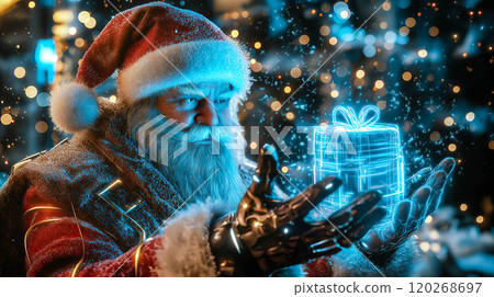 Santa Claus interacts with a hologram. The concept of blending tradition with futuristic technology and innovation. Generative AI. Santa Claus interacts with a hologram. The concept of blending tradition with futuristic technology and innovation. Generative AI. 120268697
