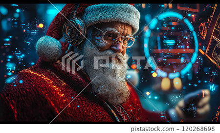 Santa Claus interacts with a hologram. The concept of blending tradition with futuristic technology and innovation. Generative AI. 120268698