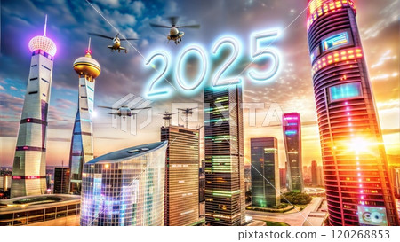 Futuristic city skyline with flying drones and glowing 2025 in neon lights Futuristic city skyline with flying drones and glowing 2025 in neon lights 120268853