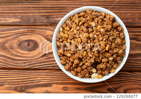 Homemade grain granola . Healthy energy eating . Top view Homemade grain granola . Healthy energy eating . Top view 120268877