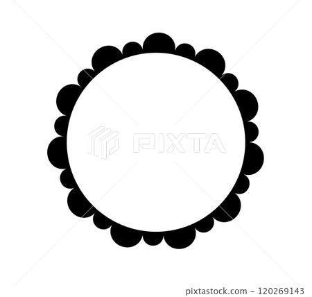 Scalloped edge circle frame. Simple round scalloped border. Fabric lace pattern frame. Repeat cute vintage frill ornament. Texture ribbon. Vector illustration isolated on white background. 120269143