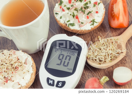 Glucose meter with sugar level, freshly breakfast with tea. Healthy nutrition during diabetes 120269184
