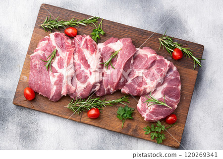 Neck of raw pork meat . Top view 120269341