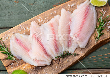 Raw tilapia fillet photography . Top view Raw tilapia fillet photography . Top view 120269381