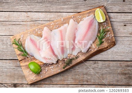 Raw tilapia fillet photography . Top view Raw tilapia fillet photography . Top view 120269383