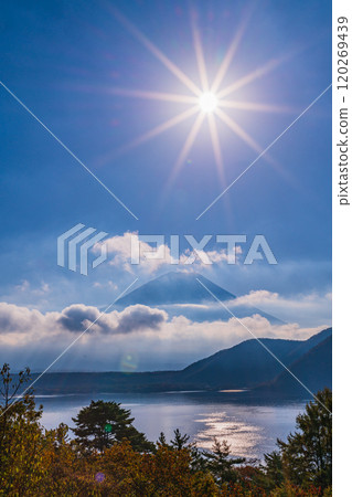 [Yamanashi Prefecture] Autumn leaves, Mt. Fuji, and the sun by Lake Motosu 120269439