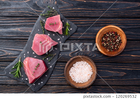 Raw tuna steak ( fillet ) photography . Top view 120269532