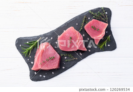 Raw tuna steak ( fillet ) photography . Top view 120269534