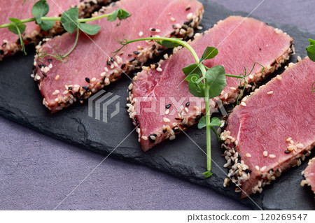 Sliced tuna steak with sesame photography . Top view 120269547