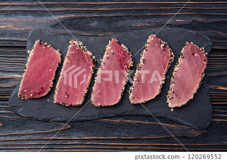 Sliced tuna steak with sesame photography . Top view 120269552