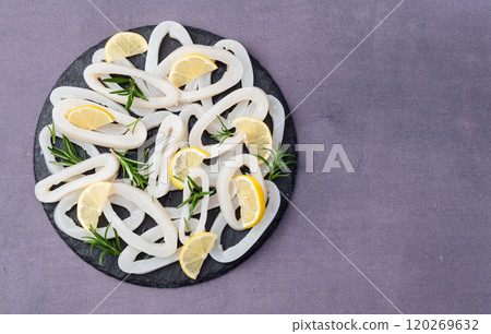 Squid tube and ring photography . Seafood top view 120269632
