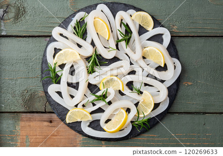 Squid tube and ring photography . Seafood top view 120269633