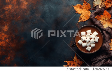 Cacao or hot chocolate in cup with marshmallows, autumn mood 120269764