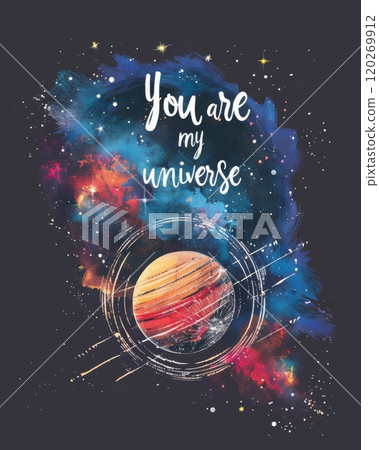 You are my universe - lettering phrase on painted cosmic galaxy background with planets and stars. Modern calligraphy inspirational quote. 120269912