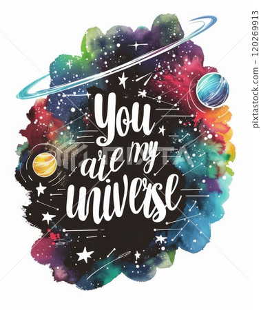 You are my universe - lettering phrase on painted cosmic galaxy background with planets and stars. Modern calligraphy inspirational quote. 120269913