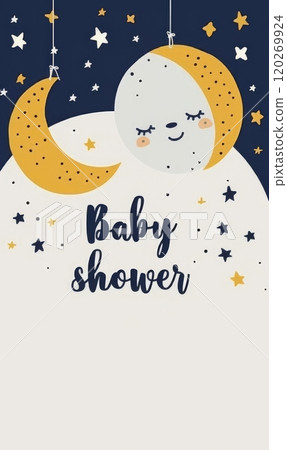 Invitation template with cute sleepy moon, cute design for baby shower or birthday modern invitation. 120269924
