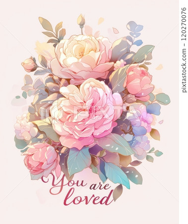 You are loved - modern calligraphy lettering with watercolor painted flowers. Inspirational text 120270076