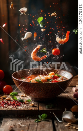 Traditional Thai soup - Tom yam, spicy asian food with flying and levitating ingredients 120270118