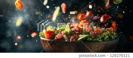 Healthy summer salad with flying ingredients on dark background 120270121