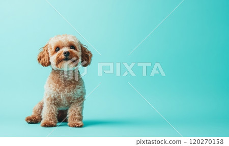 Cute maltipoo puppy dog on light blue background with copyspace Cute maltipoo puppy dog on light blue background with copyspace 120270158