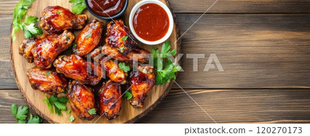 Delicious grilled chicken wings on rustic background Delicious grilled chicken wings on rustic background 120270173