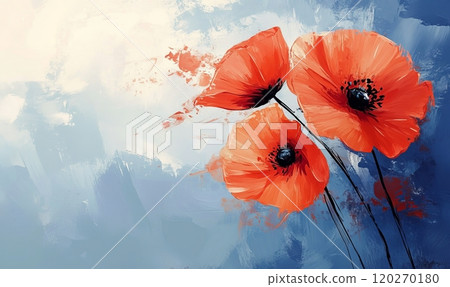 Abstract watercolor paint splash with red painted poppy. Lest we forget. Remembrance day or Anzac day symbol. With copyspace for your text. 120270180