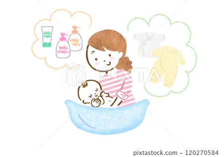 母親幫嬰兒洗澡和配件的手繪插圖 120270584