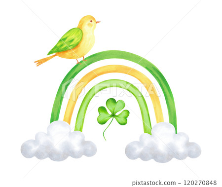 Rainbow with clouds and clover petals with bird for St. Patrick's Day. Watercolor and marker illustration. Hand drawn isolated sketch. Composition with animal for cards, stickers or template. 120270848