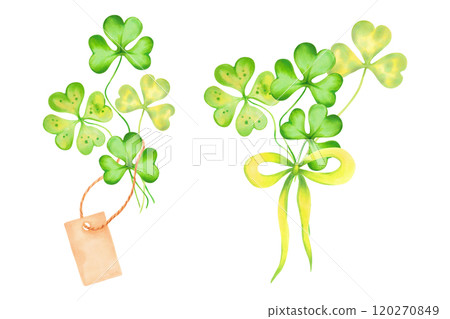 Clover petals with paper brown empty tag and bow. Symbol, mascot of St. Patrick's Day. Watercolor and marker illustration. Hand drawn isolated sketch. Composition for cards, stickers or template. 120270849